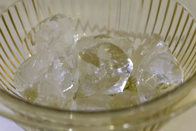 Ice cubes in a clear glass bowl